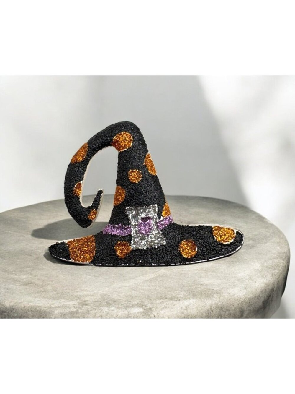 Glitter Halloween Witch Hat Brooch Pin Black Orange Polka Dots Costume Whimsical
